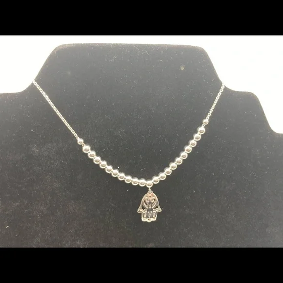 Silver Hand of Hamsa Adjustable Bracelet 9.25 in with Silver beads - Picture 2 of 4